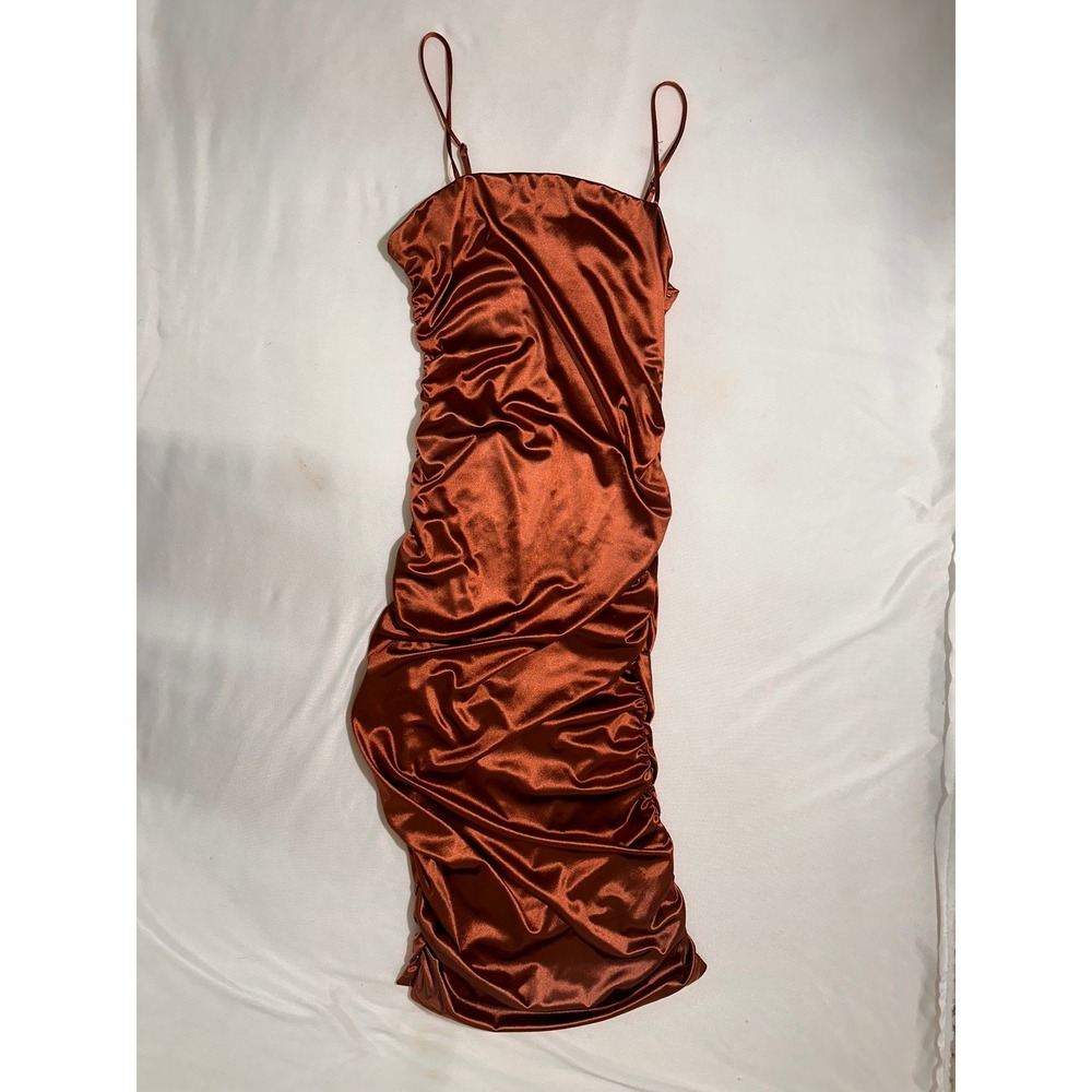 Forever 21 Rust Copper Satin Ruched Bodycon Midi Dress XL Adjustable Straps